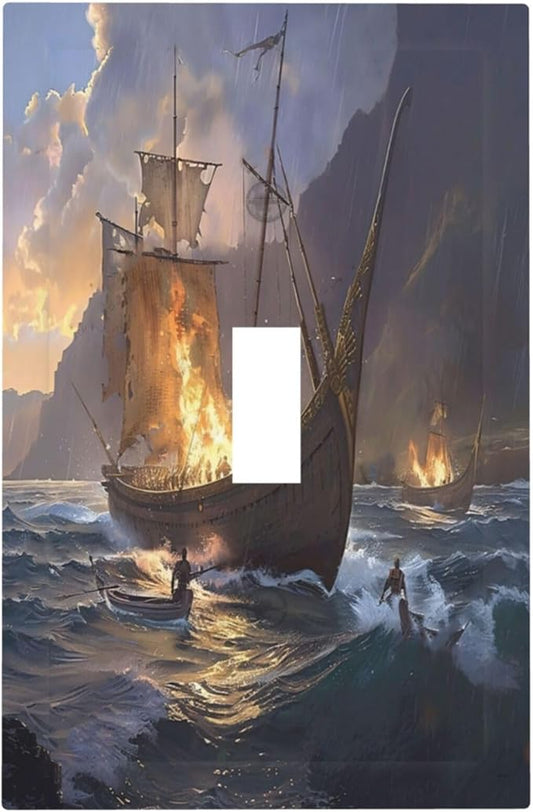 Decorative Light Switch Cover Plate Medieval Vintage Sailing Adventure Sailings Ocean Waves 1 Gang Single Toggle Wall Plate Electrical Outlet Covers Decorate Switch Plate Cover for Bedroom Cabin Decor
