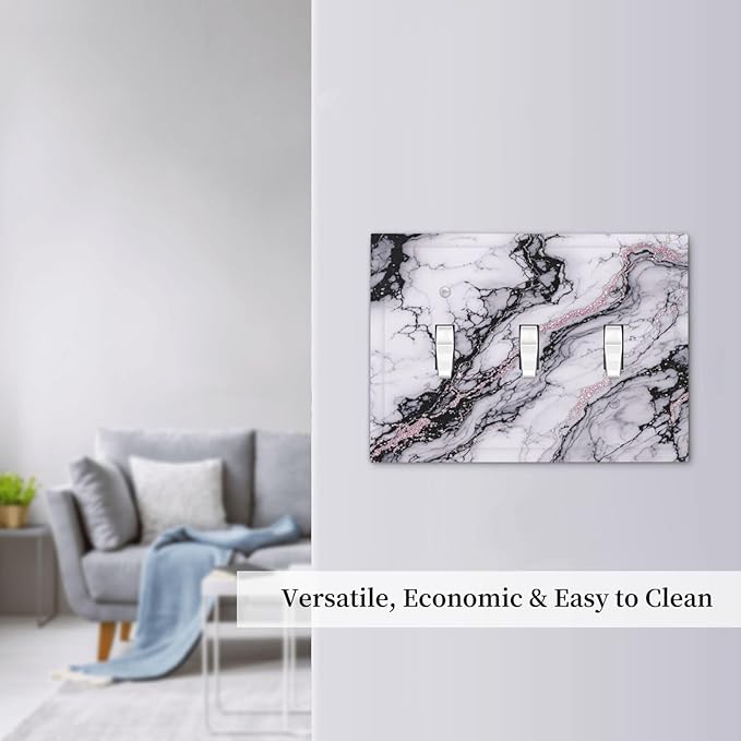 Decorative Switch Plates White Marble Pattern Black Lines Pink Lines 3 Gang Wall Plate Triple Toggle Light Switch Cover Faceplate Electrical Wall Panels for living Room Office Decor
