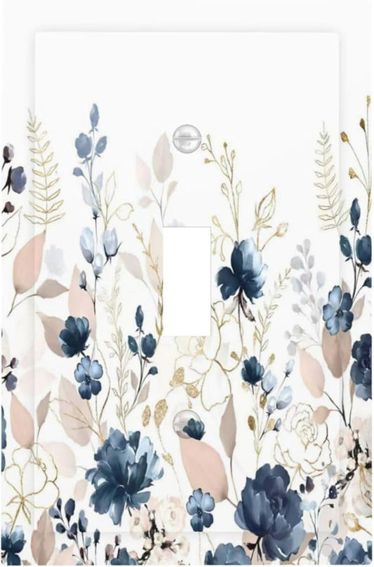 Blue Flora Boho Vintage Flower Golden Leaves Decorative Light Switch Cover 1 Gang Single Toggle Device Electrical Faceplate Switchplates Decorator Outlet Wall Plate for Bedroom Living Room Decor