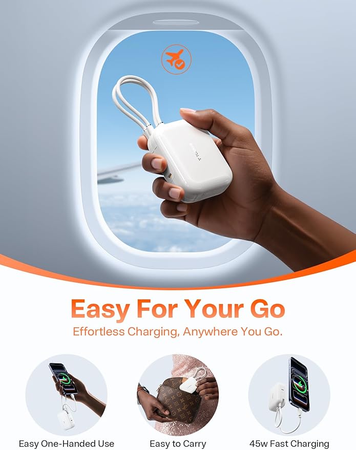 TORRAS 45W Portable Charger, Smallest 10000mAh Power Bank with Built in USB-C Cable, Fast Charging USB C in&Out Battery Pack, Travel Phone Charger for iPhone Air/17/16/15 Series, Samsung, iPad etc