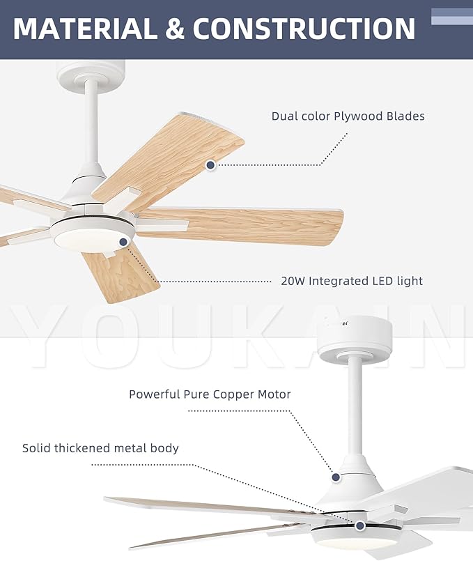 YOUKAIN Ceiling Fans with Lights, 42 Inch White Ceiling Fan, Smart Ceiling Fan Remote & APP Control, Reversible Blades, Modern Outdoor Ceiling Fans for Living Room, Bedroom, 42-YJ812-WH