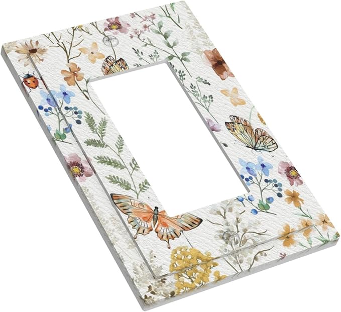 Personalized Wall Plate Decorative Light Switch Cover Boho White Background Butterfly Rustic Flower Single Rocker Switchplate 1 Gang Outlet Covers Decora Light Switch Plate