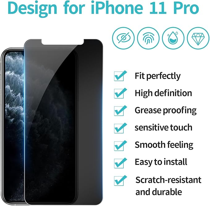 PEHAEL 3+3Pack for iPhone 11 Pro Privacy Screen Protector with Camera Lens Protector Full Coverage Anti-Spy Tempered Glass Film 9H Hardness Easy Installation Bubble Free [5.8 inch]