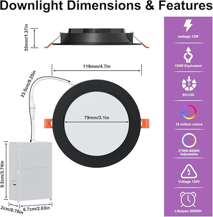 Smart Recessed Lighting 4 Inch RGBCW Color Changing 12W LED Downlight with Junction Box,1000 Lumen Recessed Ceiling Light Compatible with Alexa,Dimmable by Bluetooth Control -12Pack
