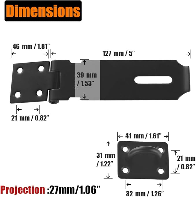 JQK Door Hasp Latch Lock, 5 Inch 304 Stainless Steel Safety Packlock Clasp Thickness 1.9 mm, Matte Black, DL130-PB