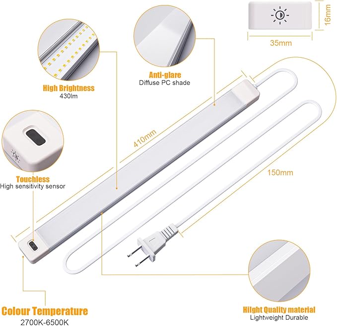 MYPLUS Under Cabinet Lights with Hand Wave, 16" Dimmable 5 Color 2700K/3500K/4000K/5000K/6500K, Bright 450 Lumens,7W,120V, Led Light Bar for Kitchen,Sink,Indoor