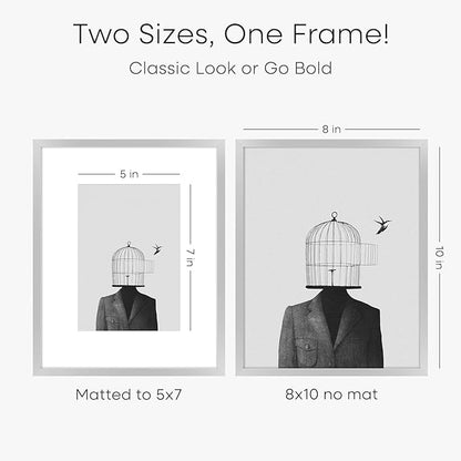 Homeforia Silver Picture Frame 8x10, High End Metal 8 x 10 Photo Frames with Mat 5 by 7 Art, 10x8 Thin Frame Matted to 5x7 inch Print, 10by8 Wall or Tabletop Frames, Tempered Glass, Wall Kit, Set of 2