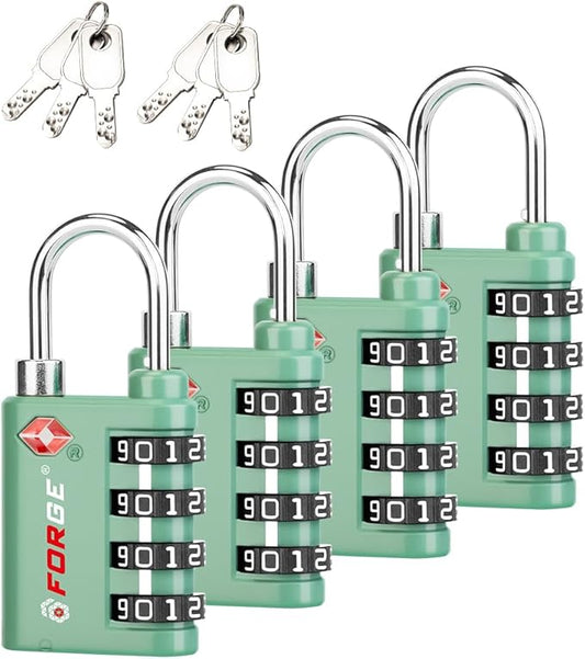 Forge Dual-Opening: Key or Combination Lock, TSA Approved Lock for Luggage, Pelican case, Travel, Gym, School, Luggage Combination Lock, Travel Bag Lock (Green 4 Pk)