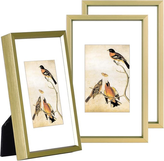 3x5 Picture Frame Set of 3, Brass Aluminum Metal Photo Frames with HD Glass, Fits 2x3 with Mat or 3 x 5 without Mat, Display for Wall and Table