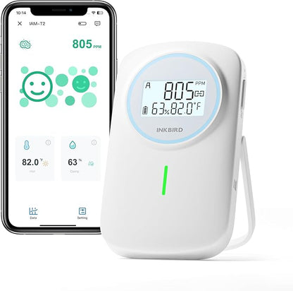 INKBIRD Ndir CO2 Detector Battery Powered Bluetooth | Smart 3 in 1 CO2 Monitor with App | Carbon Dioxide & Temperature & Humidity Air Quality Monitor Indoor | for Home, Office, RV, Grow Tent (IAM-T2)