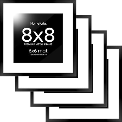 Homeforia 8x8 Black Picture Frame, High End Metal 8 x 8 Square Photo Frames with Mat 6 by 6, 8x8 Poster Frame Matted to 6x6 inch Print, 8by8 Wall or Tabletop Frames, Tempered Glass, Wall Kit, Set of 4