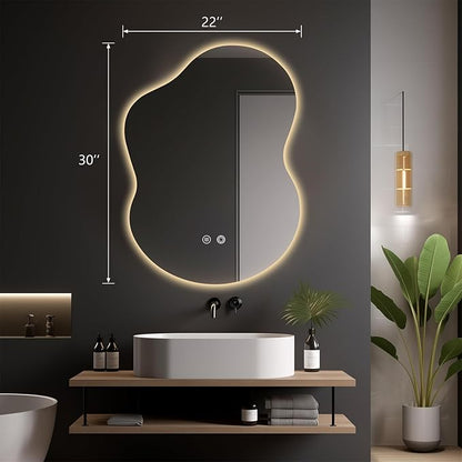 30"x22" Irregular LED Bathroom Mirror with Front & Backlight, Anti-Fog, Dimmable, 3 Color Modes, Wall-Mounted [Horizontal/Vertical]
