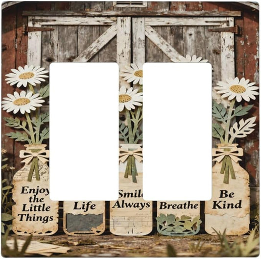 Rustic Daisy Barn Door Flowers 2 Gang Double Rocker Decorative Light Switch Covers Electrical Faceplate Switch Plates for Bathroom Kitchen Home