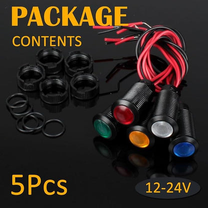 5pcs 12mm 12V-24V LED Indicator Light Plastic Black Signal Dot Lamp 12V-24V 1/2 inches Mounting Hole Size with 15cm/5.9in. Wire (Mix:Red White Yellow Blue Green)