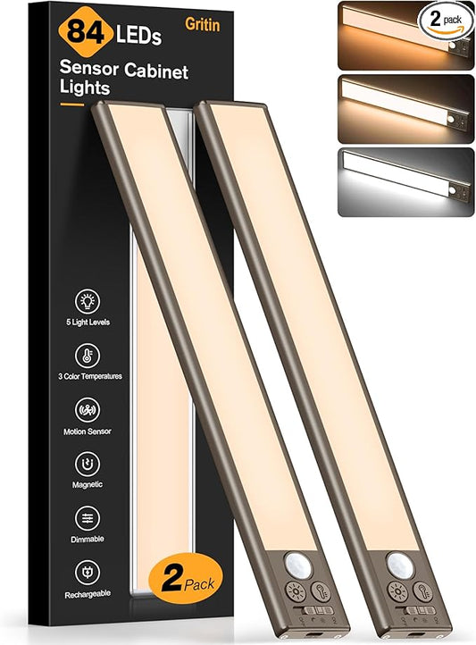 Gritin 10.2inch Under Cabinet Lighting Rechargeable -84 LED Super Bright,3-Color& 5 Level Brightness,4 Modes,Motion Sensor, Long Lasting- Easy Installation Magnetic Closet Lights -2 Pack-Bronze