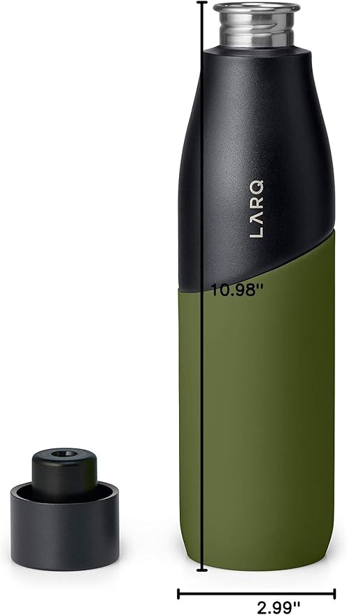 LARQ Bottle Movement PureVis 32 oz- Lightweight Self-Cleaning and Non-Insulated Stainless Steel Water Bottle with UV Water Purifier | Reusable & Travel Friendly, Black/Pine