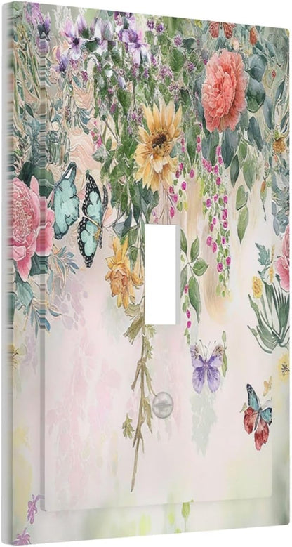 Rustic Floral Watercolor Flower Blossom Butterfly Single Toggle Light Switch Cover plate Outlet Cover Decorative Switchplate Wall Plates Electrical Panel Cover for Bathroom Living Room 5 X 3 IN