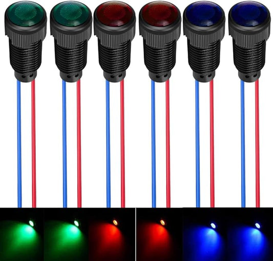 6pcs Red/Blue/Green LED Indicator Pilot Light 110VAC Mounting Hole Size 10mm(Flame Retardant Plastic Shell)