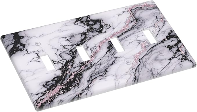 Light Switch Covers White Marble Pattern Black Lines Pink Lines Quad Toggle Electrical Faceplate 4 Gang Wall Plate Decorative Switch Plates for living Room Office Decor