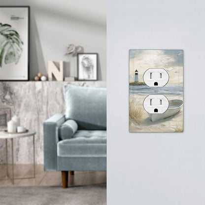 Decorative Outlet Covers Seascape Painting with Lighthouse Boats 1 Gang Duplex Light Switch Cover Plate Unique Wall Plates Switch Plate Cover for Bedroom Home Decor（2 Pack）