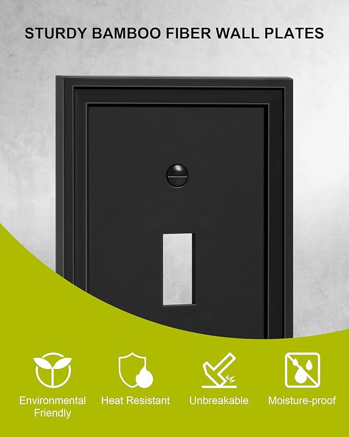 4-Pack Single Toggle Light Switch Covers Wall Plate, Black Decorative Switch Plate Covers, 1 Gang Natural Bamboo Fiber Wall Plate, Corrosion Resistant