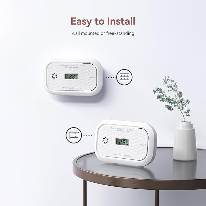 2 Pack Carbon Monoxide Detectors,10 Year Battery Carbon Monoxide Alarm, CO Detector with LCD Display, 3 LED Lights CO Alarm for Home