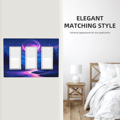 Purple Cyberpunk River Full Moon Mountain Forest Light Switch Covers 3 Gang Rocker Decorative Triple Outlet Wall Plate Cover Electrical GFCI Switchplate for Bedroom Bathroom Decor