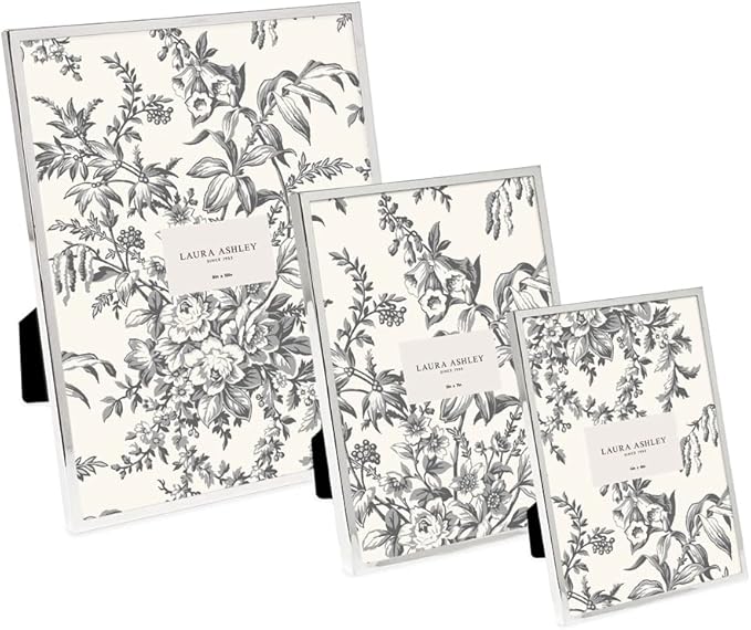 Laura Ashley 8x10 Silver Flat Metal Picture Frame (Vertical & Horizontal) w/Two-Way Easel Stand, Black Velvet Backing, Wall-Mountable, Made for Tabletop, Desk, Wall Display, Home Décor (8x10, Silver)