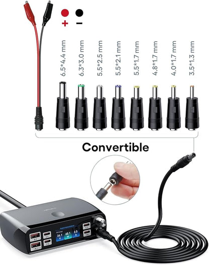 WOTOBEUS Charging Station (252W), 7-Ports (4 USB-C, 2 USB-A, 1 DC), Power Adapter with DC Power Supply Adjustable 3.3V~24.5V (0~60W) Converter and LED Display, for iPhone Laptops Monitor Electronics