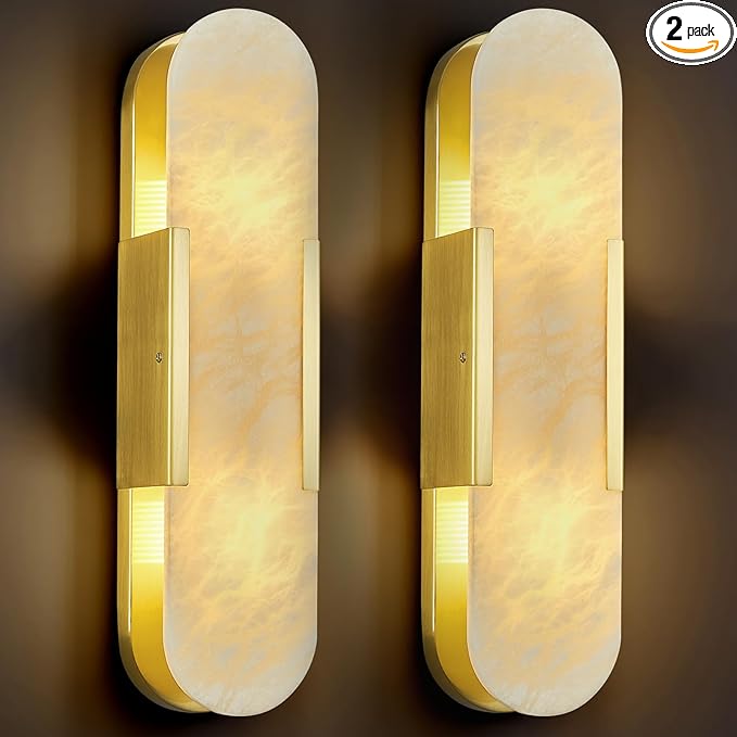 Brass Alabaster Wall Sconces Set of Two, Modern Natural Marble Wall Sconces for Indoor Lighting, 19.7 in Gold Wall Lights for Bathroom Dining Room Stairs Bedroom