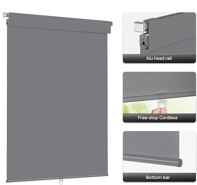 LazBlinds No Drill Blinds for Indoor Windows, Blackout Roller Shades, Cordless Window Blackout Blinds, Thermal Insulated Fabric UV Protection for Home and Office, 28.5" W x 72" H, Grey
