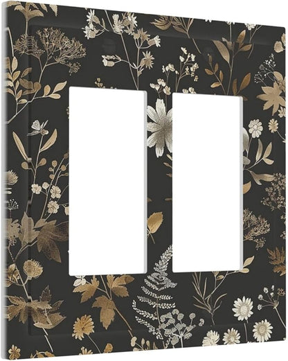 Decorative Outlet Covers Black Gold Floral Dark Leaves Vintage Flowers 2 Gang Double GFCI Rocker Electrical Wall Panels Light Switch Cover Plate for Bed Room Home Decor