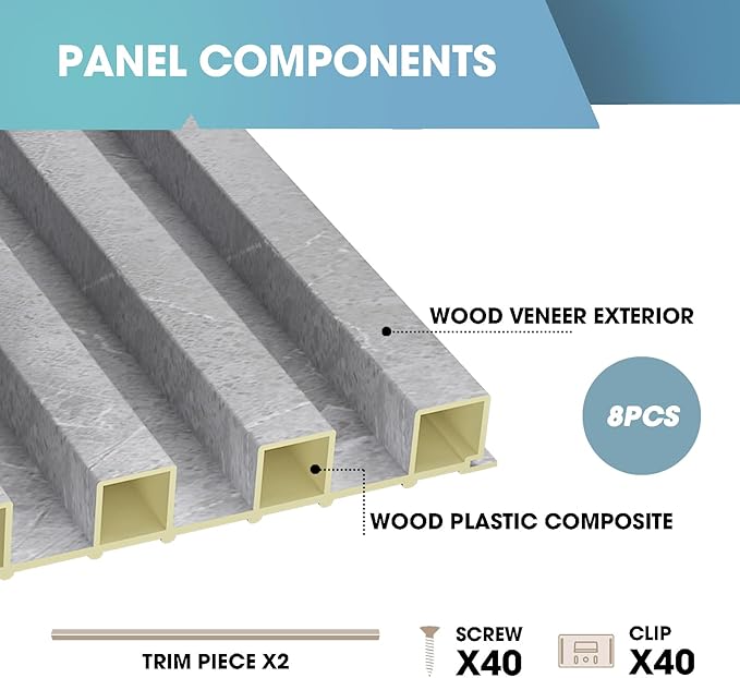 OUZUGIE WPC Acoustic Slat Wall Paneling, 8-Pack 114 x 6 Inches 3D Wall Panels for Interior Wall Decor,Living Room,TV Background,Study Room,Office Spaces,Bedroom,High Grille (Gray Marble)
