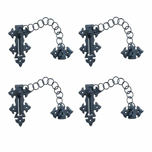 Renovators Supply Manufacturing Black Chain Door Latches Slide Latch Bolt 5" Long Wrought Iron Colonial Chain Type Door Guard Extra Security Rust Resistant Privacy Latches with Hardware Pack of 4