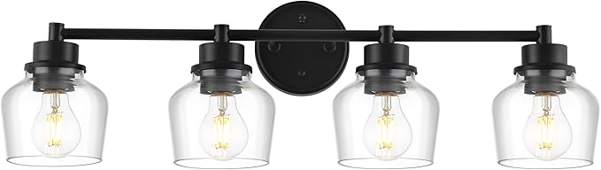 Emak 4-Light Bathroom Vanity Light, 29 Inch Black Bathroom Light Fixtures Over Mirror with Clear Glass Shade, Modern Farmhouse Vanity Lights for Mirror, Bath, VL122-BK-CG-4