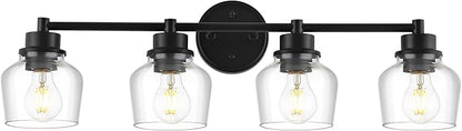 Emak 4-Light Bathroom Vanity Light, 29 Inch Black Bathroom Light Fixtures Over Mirror with Clear Glass Shade, Modern Farmhouse Vanity Lights for Mirror, Bath, VL122-BK-CG-4