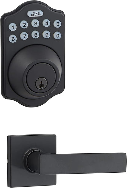 Amazon Basics Traditional Electronic Keypad, Keyless Entry Door Lock Deadbolt with Handle Set, Key Pad Front Door with Knob, Traditional Door Locks for Front Door, Door Handle, Matte Black, 1-Pack