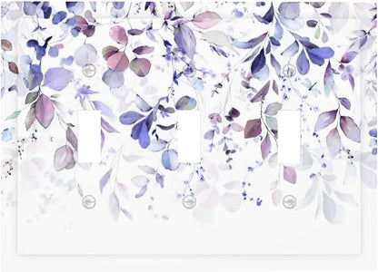 Purple Eucalyptus Watercolor Floral Rustic Leaf Decorative Switch Plates 3 Gang Wall Plate Triple Toggle Light Switch Cover Faceplate Electrical Wall Panels for Farmhouse Home Decor