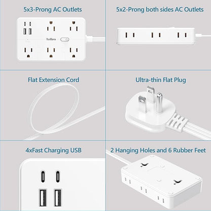 Surge Protector Power Strip 1 FT Flat Extension Cord ，10 AC Outlets & 4 USB Ports(5V/3.4A 17W), 1080J ，Wall Mountable Desktop Charging Station with Flat Plug for Office Supplies and Home, White