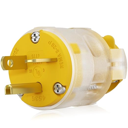 ELEGRP Lighted 20 Amp 125 Volt NEMA 5-20P 2 Pole 3 Wire Grounding Straight Blade Electrical Plug Replacement Cord Outlet Commercial Grade, Yellow, 1 Pack