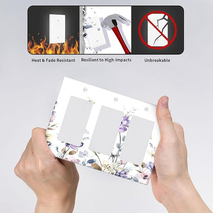 Light Switch Covers Purple Floral Lilac Watercolor Flower Leaves Butterfly Wildflower 3 Gang Rocker Electrical GFCI Decorative Triple Outlet Wall Plate Cover Switchplate for Bedroom Home