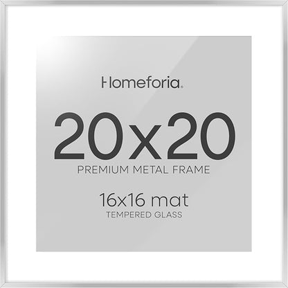 Homeforia 20x20 Silver Picture Frame, High End Metal 20 x 20 Square Frame with Mat 16 x 16 Photo, 20x20 Poster Frames Matted to 16x16 Print, 20 by 20 Hanging Frames, Tempered Glass, Wall Kit, Set of 1