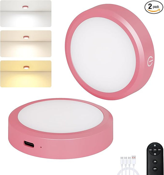 Rechargeable Puck Lights with Remote Control,LED Under Cabinet Light with Full-Screen,3 Color Temperatures Stick On Light Wireless, Tap Lights for Kitchen,Cabinet,Counter,Closet,Shelf,2 Pack, Pink