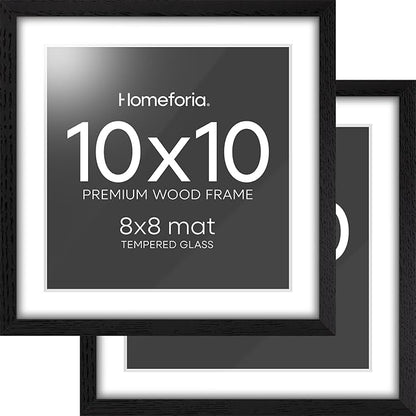 Homeforia 10x10 Picture Frame Black Wood, High-End Oak 10 x 10 Square Frames with Mat 8 by 8 Photo, 10by10 Wooden Frame Matted to 8x8 Print, Wall or Tabletop Frames, Tempered Glass, Wall Kit, Set of 2