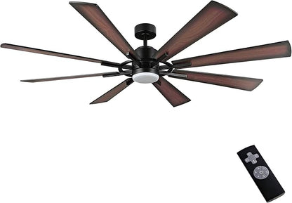 WINGBO 60" DC Ceiling Fan with Lights and Control, Matte Black Ceiling Fan with Walnut/Walnut Shadowed Reversible Blades, 6-Speed DC Motor, 8 Blade Wood Ceiling Fans for Kitchen Bedroom Living Room