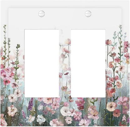 Colorful Flowers Pink Floral Watercolor Plant Decorative Outlet Covers 2 Gang Double GFCI Rocker Electrical Wall Panels Light Switch Cover Plate for Bed Room Living Room Decor
