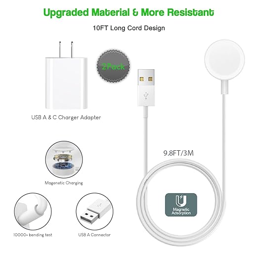 Fast Charger for Apple Watch,2 Pack USBC & A PD Wall Charger Adapter with 10FT Long USBA Magnetic Apple Watch Fast Charging Cable Portable Compatible with iWatch Series 10/9/8/7/SE/SE2/5/4/3/2/1/Ultra