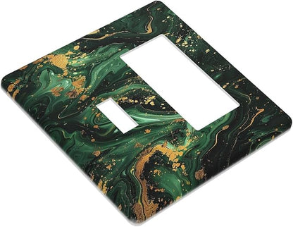 Green/Gold Modern Abstract Luxury Marble 2 Gang Combo 1 Toggle 1 Rcoker Light Switch Covers Decorative Switch Plates Electrical Switch Plates and Outlet Covers for Home Art Decor 4.5 X 4.5 IN