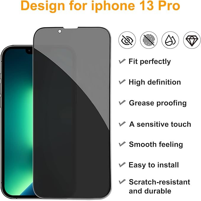 PEHAEL 2+2Pack for iPhone 13 Pro Privacy Screen Protector with Camera Lens Protector Full Coverage AntiSpy Tempered Glass Film 9H Hardness Easy Installation Bubble Free [6.1 inch]