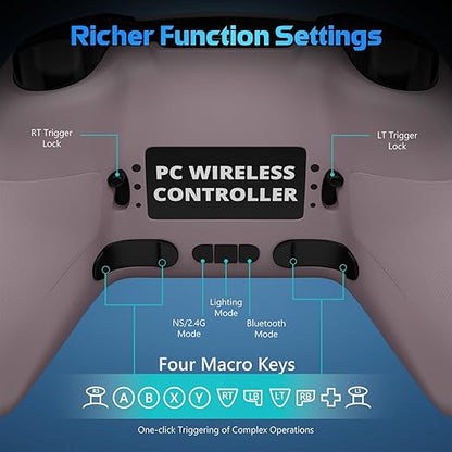 Wireless PC Controller with Hall Effect Joysticks & Triggers, 1000Hz Polling Rate, Trigger Locks, Bluetooth Pro Gaming Controller for PC/Steam/Luna/Tesla - 4 Macros and Turbo, Dynamic RGB, Pink